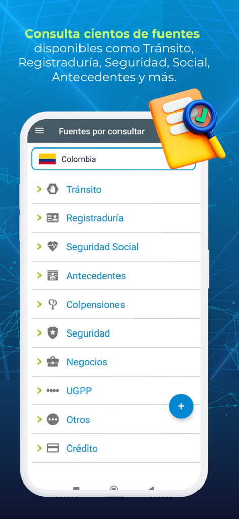 Verifiquese Cedula - バックグラウンドチェックと書類検証のためのさまざまなコロンビア政府の情報源を示すモバイルアプリのインターフェース。