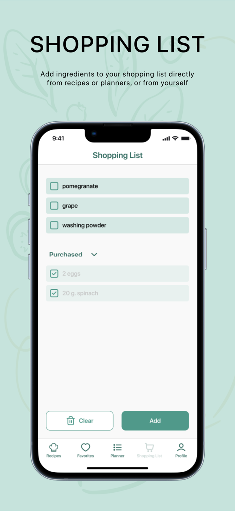 Mobile screen showing the shopping list feature of the Baby Plates app with ingredients for baby recipes