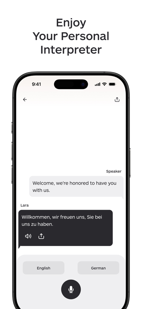 Lara Translate app screen showing a real-time voice translation from English to German.