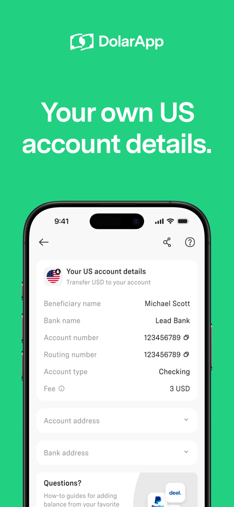 Tela móvel DolarApp exibindo detalhes da conta bancária dos EUA, incluindo números de roteamento e conta
