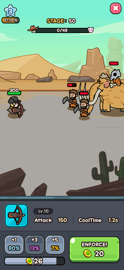 Lucky Guy! Defense Game - A hero with a crossbow battles cavemen and a mammoth in a desert stage of Lucky Guy! Defense Game.