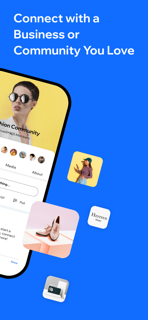 Spaces by Wix app interface showing a fashion community group and icons for local businesses like shoes and accessories on a blue background