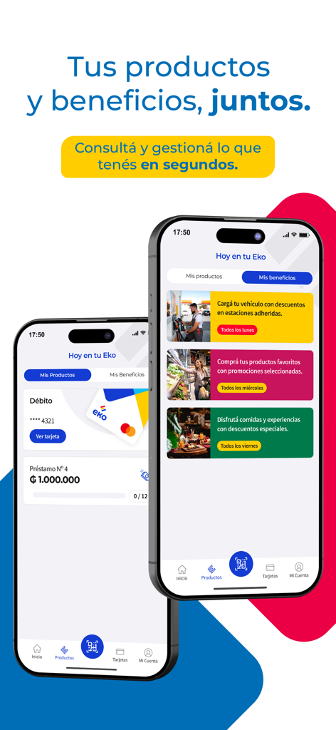Eko Paraguay - Interfaz de la aplicación móvil Eko Paraguay mostrando los productos bancarios del usuario y los beneficios promocionales en español