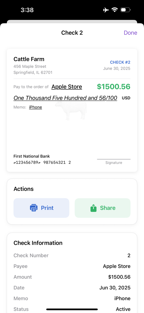 Mobile app interface displaying a digital preview of a business check with print and share buttons.