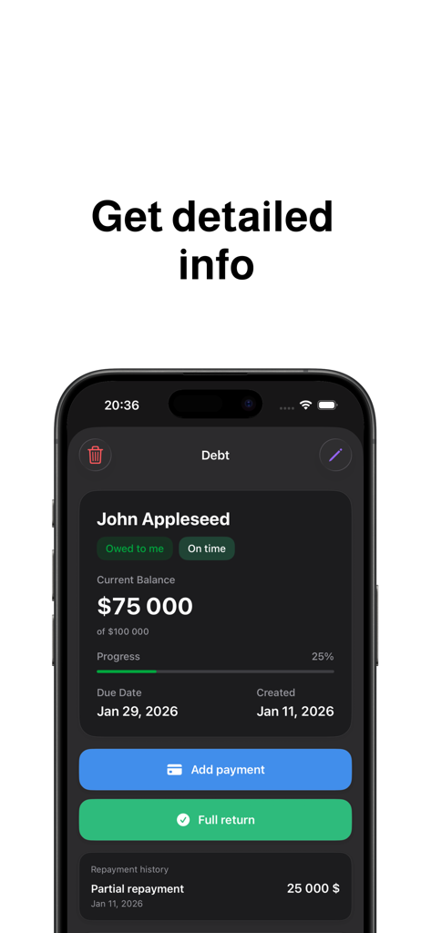Debt Tracker – IOU & Loans - Interface of the Debtyy app showing a detailed loan summary with balance progress and repayment history for a personal debt.