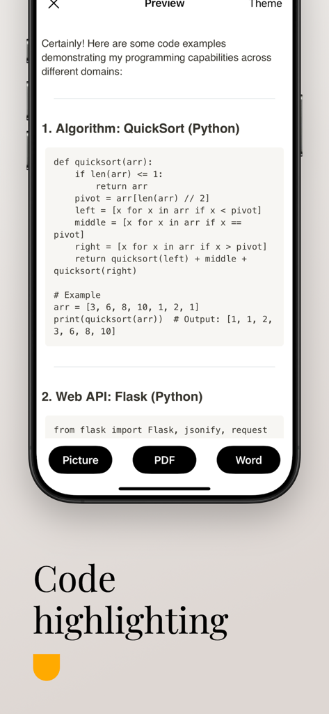 AI Markdown Formatter: OneText - OneText app screen showing Markdown code highlighting for a Python script