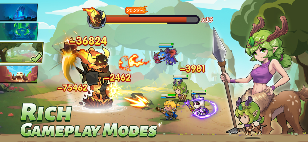 Chibi heroes battling a fire boss in Mini Heroes Magic Throne showcasing various gameplay modes.