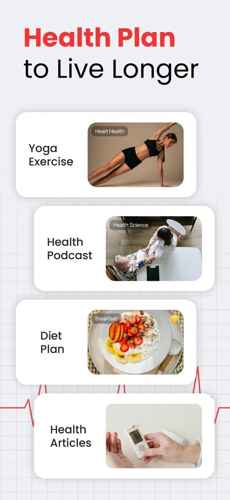 iHealthy: Health Partners - Pantalla de la aplicación iHealthy que muestra opciones de planes de salud para ejercicios de yoga, podcasts de salud, planes de dieta y artículos médicos.
