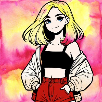 a realistic girl with a crop top and short shorts in an open jacket