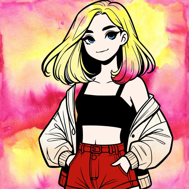 a realistic girl with a crop top and short shorts in an open jacket