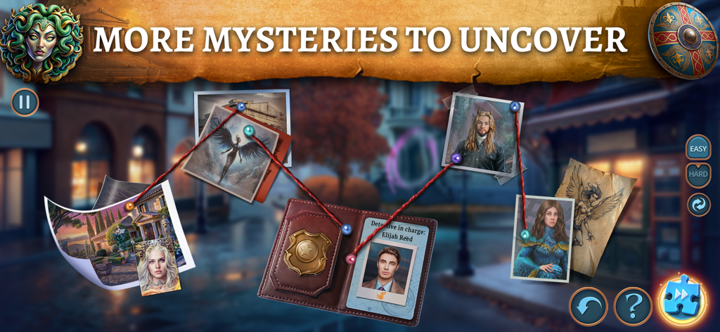 Mystery of Myth: Hidden Object - Investigation board with photos and red strings from Mystery of Myth mobile game