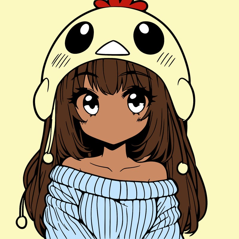 anime girl with chick shaped hat with sweater with bare shoulders with bangs covering them one eye with low tail