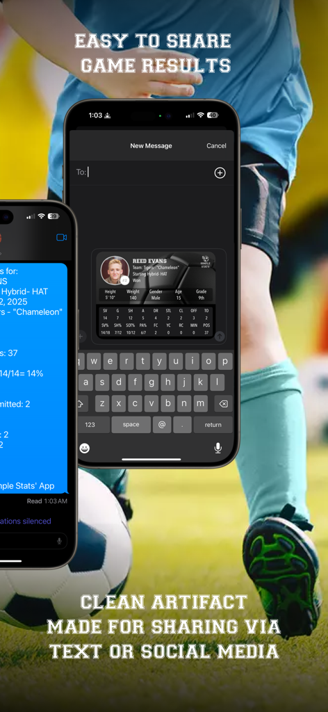 문자 메시지를 통해 공유된 축구 선수 통계를 보여주는 iPhone 화면