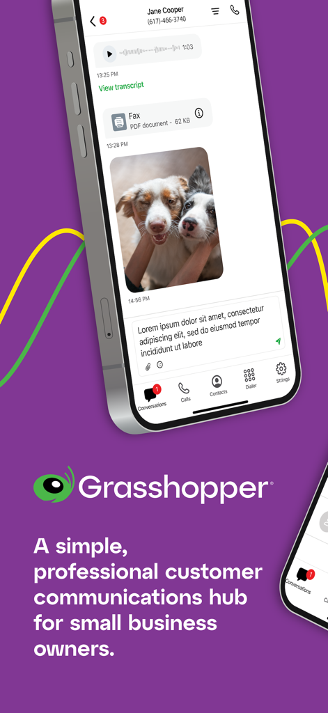 Grasshopper mobile app showing business messages faxes and photos
