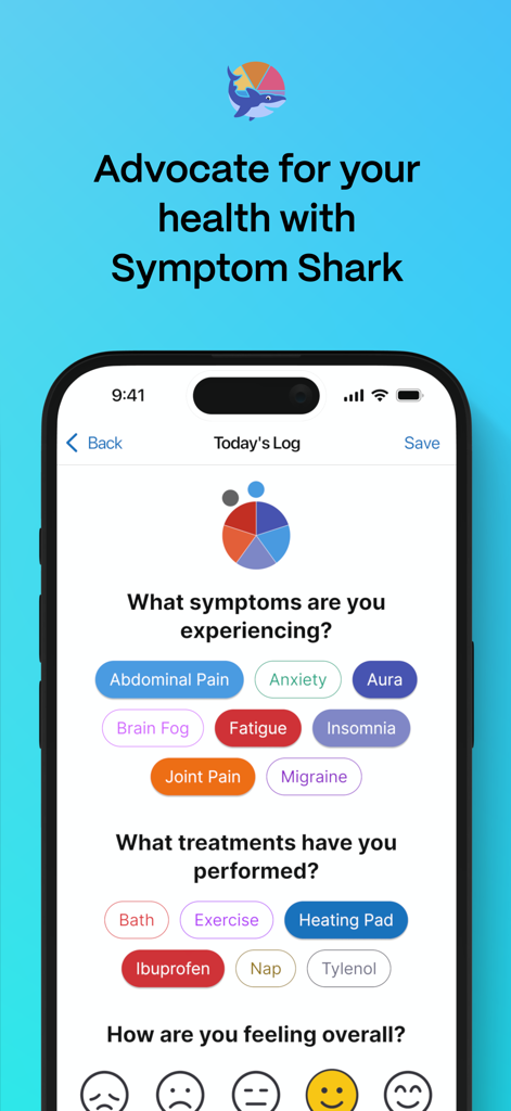MyDataHelps - MyDataHelps app Symptom Shark screen for logging daily health symptoms and treatments