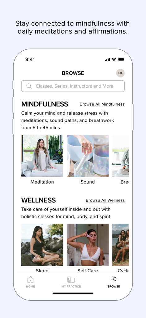 ALO Wellness Club - Interfaz de la aplicación ALO Wellness Club que muestra la pantalla de exploración con categorías de mindfulness y bienestar, incluyendo meditación y autocuidado.