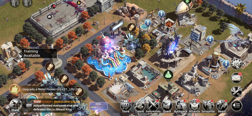 Top down view of a futuristic base and mecha beasts in the game Mecha Domination Rampage