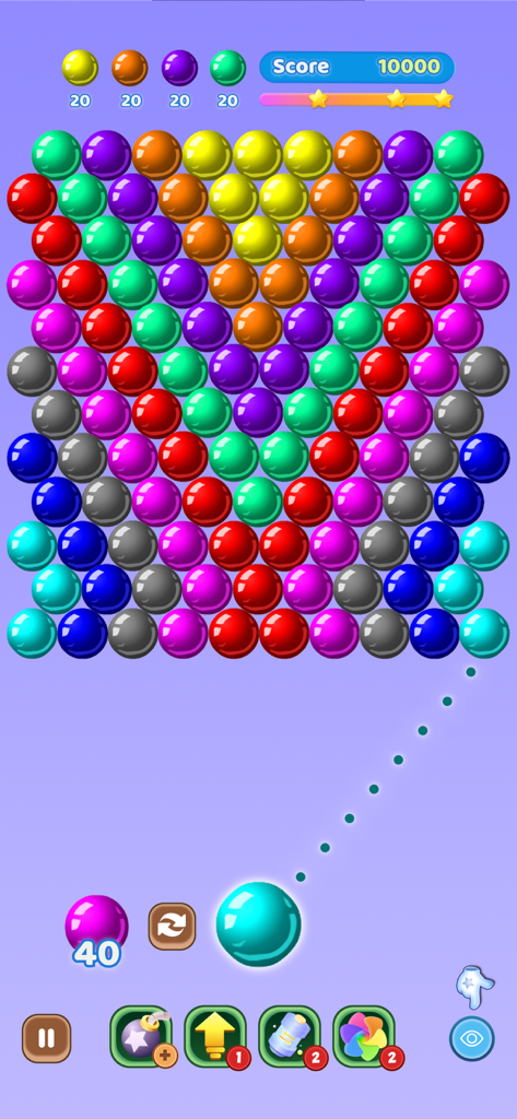 Color Pop Bubble ™ - Pantalla de juego del disparador de burbujas Color Pop Bubble mostrando burbujas coloridas y una línea de trayectoria de puntería