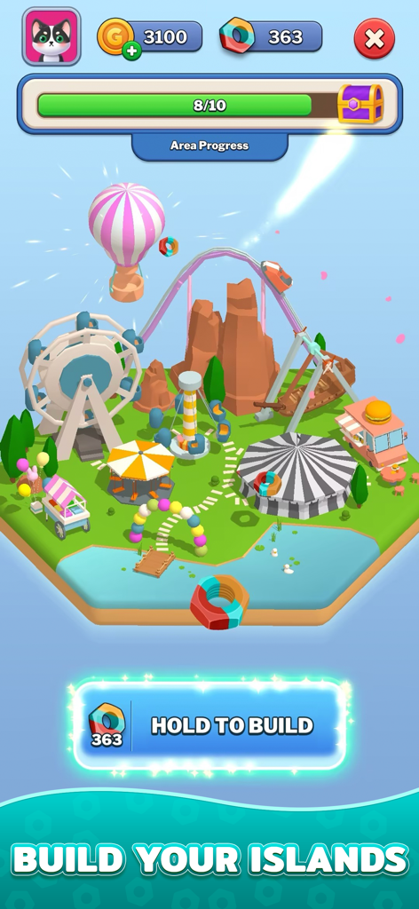 Nut Sort Game screenshot showing amusement park island building with Ferris wheel and progress bar