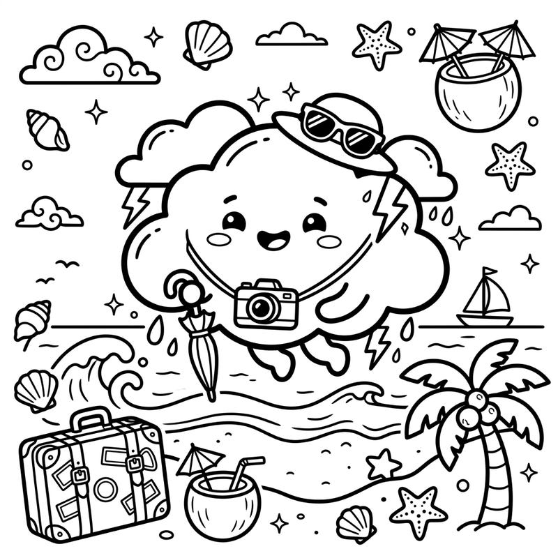 Discover the cuteness of a happy squall cloud enjoying a tropical vacation in this unique coloring page. Featuring adorable kawaii style and charming beach elements, it's perfect for a relaxing creative escape.