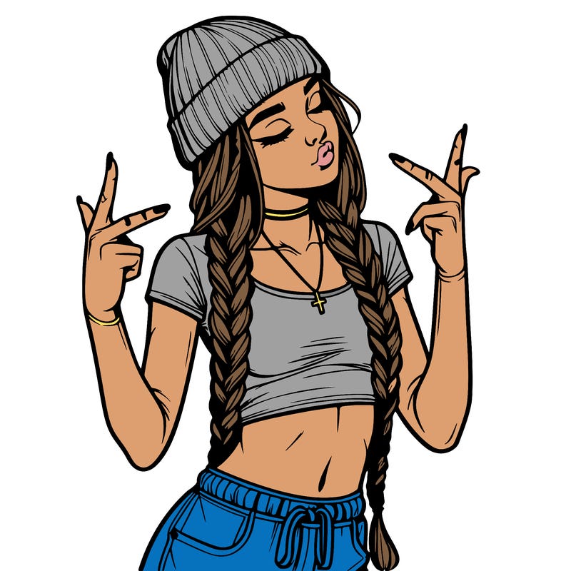 realistic teenage girl with braids and a beanie and crop top doing 🫶🏼
