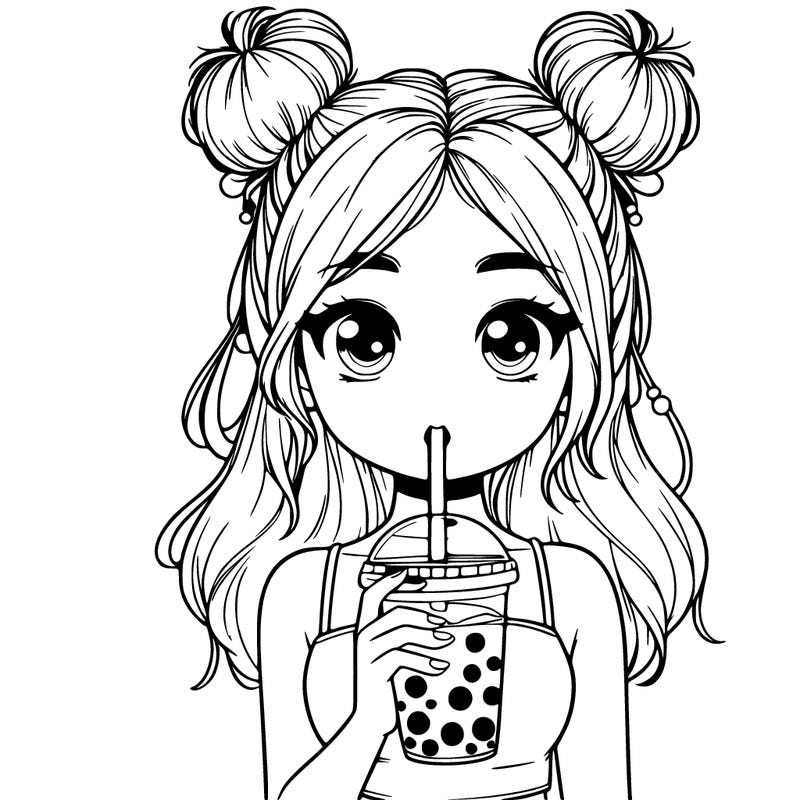 realistic girl holding boba cup with buns on the top of her head
