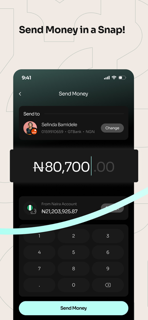 Bank78 mobile app interface for sending money with recipient details and amount field