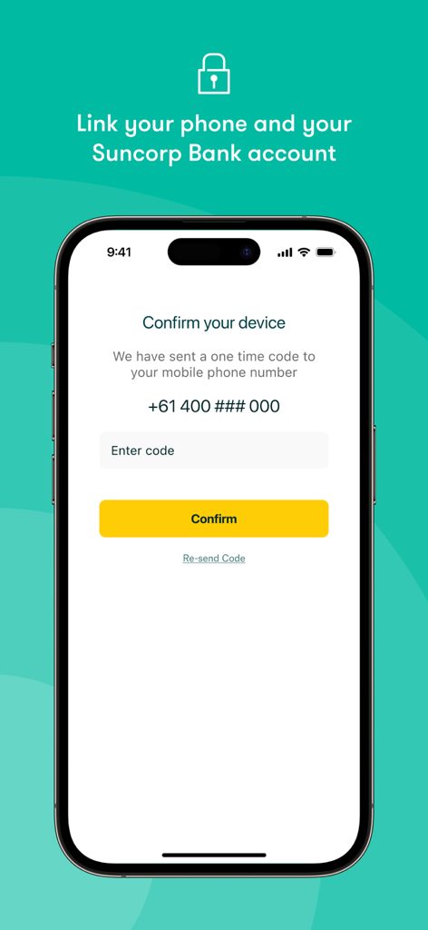Suncorp Bank Secured - Suncorp Bank Secured mobile app screen for linking phone and account with device verification