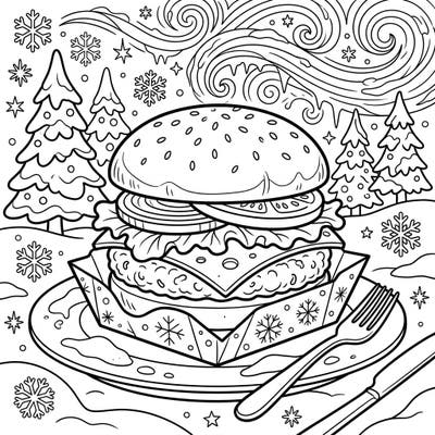 Dive into a delicious winter scene with this unique Black Bean Burger coloring page. Featuring festive snowflakes and snow-dusted pine trees, it's a perfect blend of comfort food and holiday cheer.
