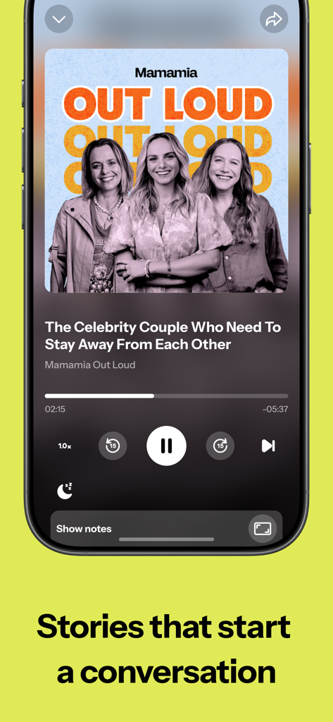 Mamamia app podcast interface playing Mamamia Out Loud episode about celebrity culture.