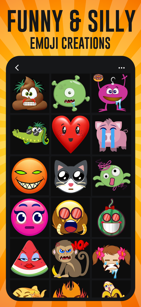 Emoji Maker, Avatar Creator - A grid showing various funny and silly custom emoji stickers and avatars.