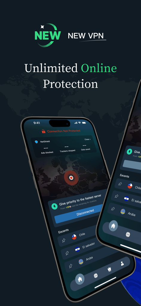 VPN - New VPN Planet Buck - Interface of the New VPN Planet Buck app for iPhone showing security status and global server locations
