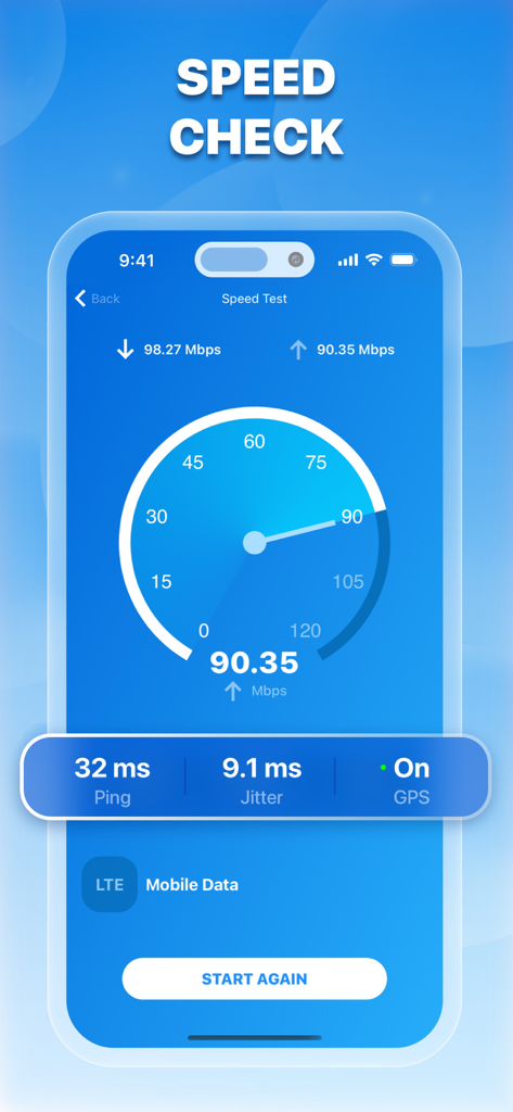 Cleaner AI - Mobile Security - Mobile application interface for checking internet upload and download speeds.