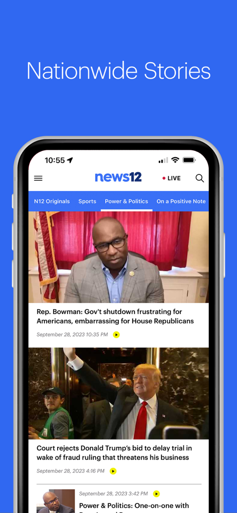 News 12 Mobile - News 12 mobile app interface showing nationwide stories and political news headlines