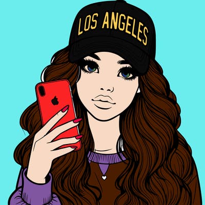 realistic beautiful girl wearing los ángeles cap holding an iphone