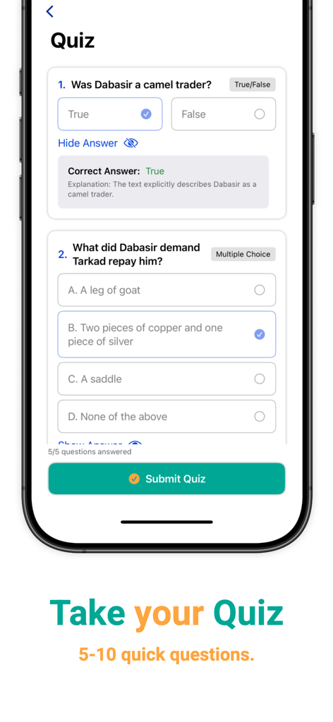 A mobile app interface displaying an interactive reading comprehension quiz with true or false and multiple choice questions.