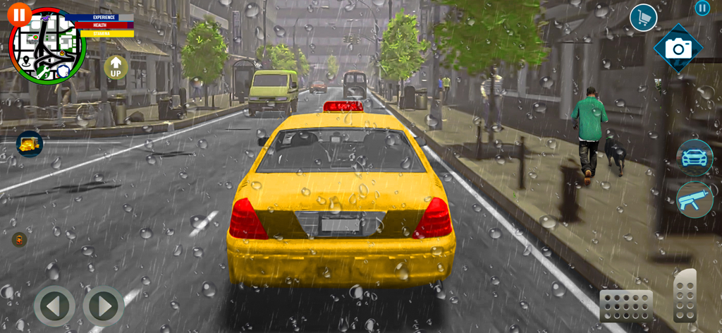 Taxi Sim : Driving Games 2023 - Taxi amarillo conduciendo por una calle de ciudad lluviosa en la jugabilidad de Taxi Sim.