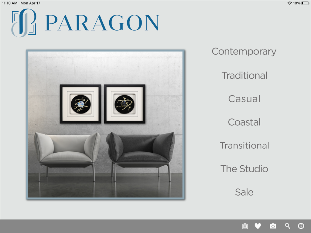 Paragon PG - Pantalla de inicio de la aplicación Paragon que presenta inspiración de decoración de paredes y categorías de estilos de diseño como Contemporáneo y Tradicional.