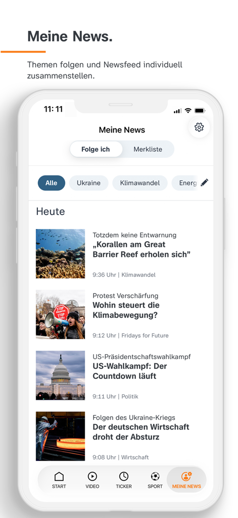ZDFheute - Nachrichten - ZDFheuteアプリのインターフェース。気候変動や国際政治などのトピックが表示されたパーソナライズされたニュースフィードが表示されています。