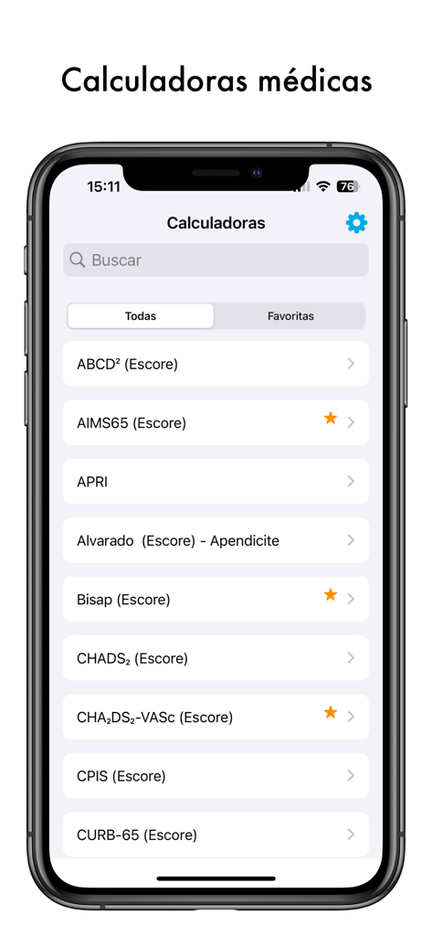 iPhone screen displaying a list of medical score calculators in Portuguese within the Dr Calc app