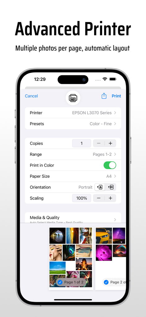 Advanced printer settings in CropSize app showing multiple photos per page and automatic layout options