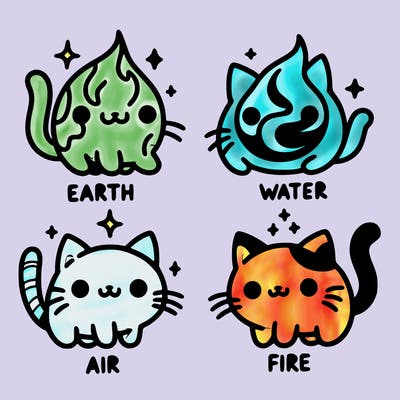 4 cats that represent the different elements, earth, water, air, and fire