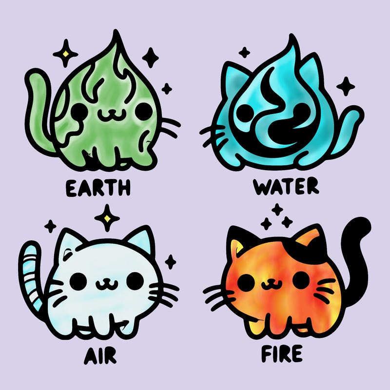4 cats that represent the different elements, earth, water, air, and fire