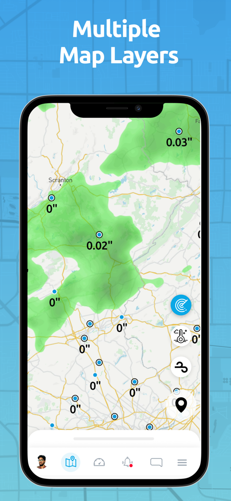 Ambient Weather Networkアプリのインターフェース。複数のデータレイヤーと降水レーダーを備えたハイパーローカル天気図を表示しています。
