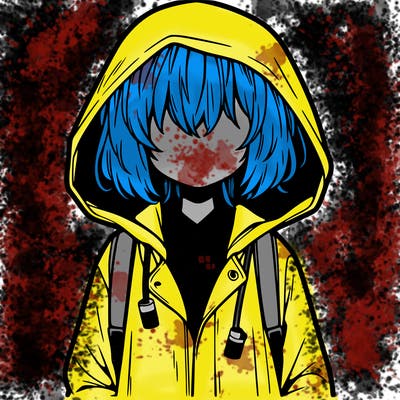 little anime girl in a raincoat her hair is covering her eyes she has a lighter