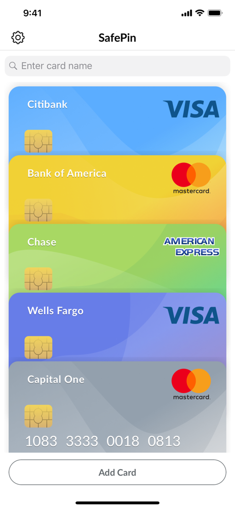 SafePin app interface showing a stack of stored digital credit and debit cards