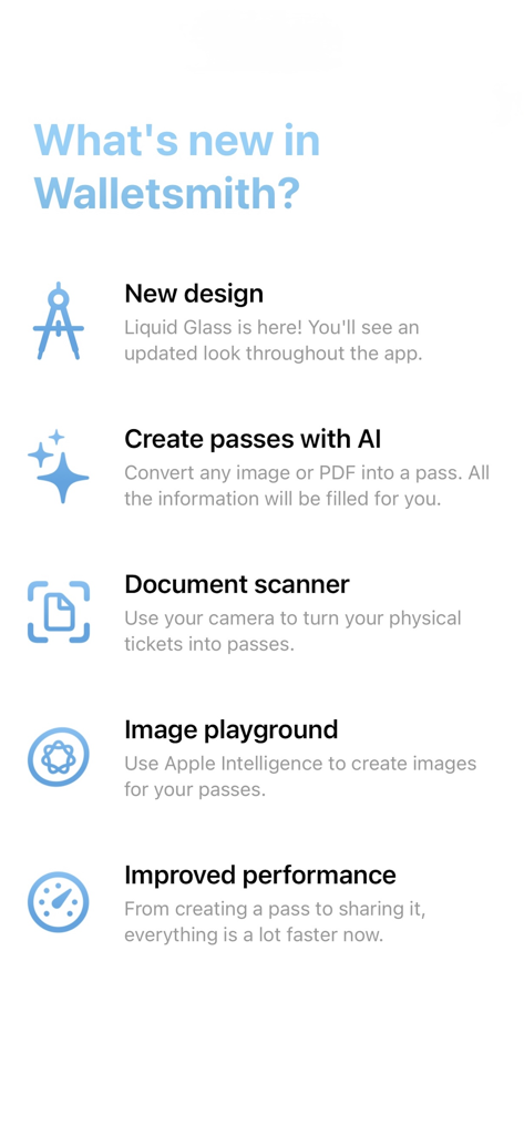 List of new Walletsmith features including AI pass creator and document scanner