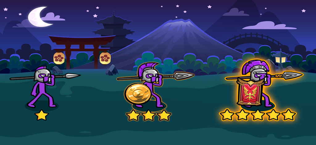 Stick Empire - Kingdom Castle - Three levels of purple stickman spearmen showing evolution from one to five stars with upgraded shields