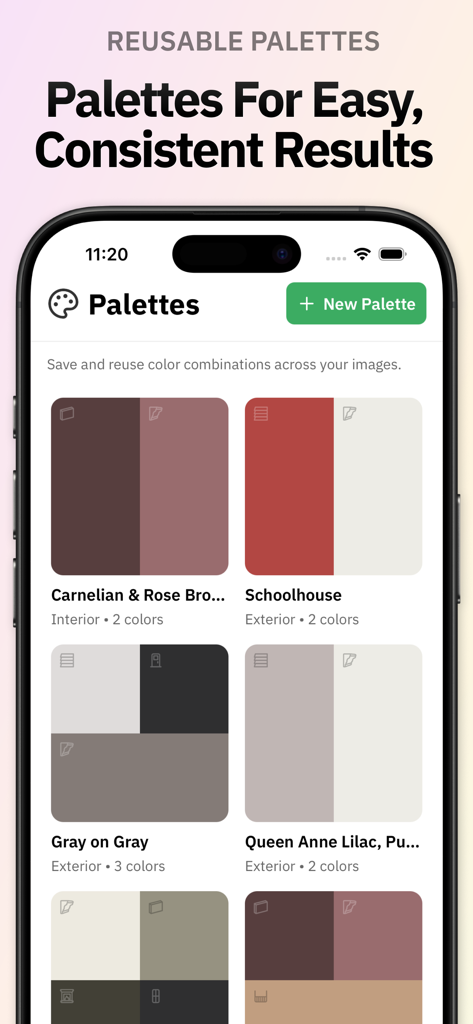 Mobile interface of the Repaint app showing a library of saved interior and exterior paint color palettes.