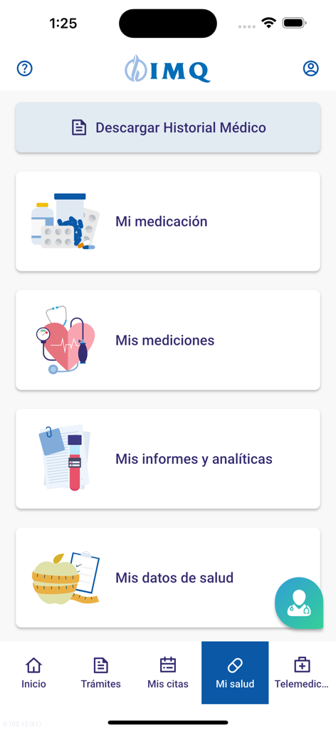 Interface of the IMQ health app showing the My Health section with options for medical history medications and clinical reports